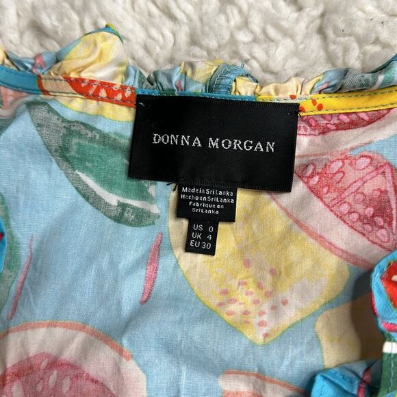 Donna Morgan Colorful Fruit Citrus Lemon Oranges Puff Sleeve MIDI Tier Dress R16 - Picture 5 of 11